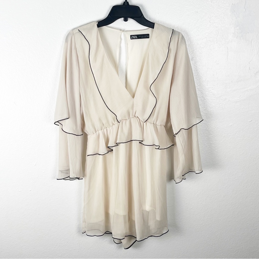 ZARA Cream Black Trim Sheer Long Ruffle Sleeves V-Neck Romper, Size Small